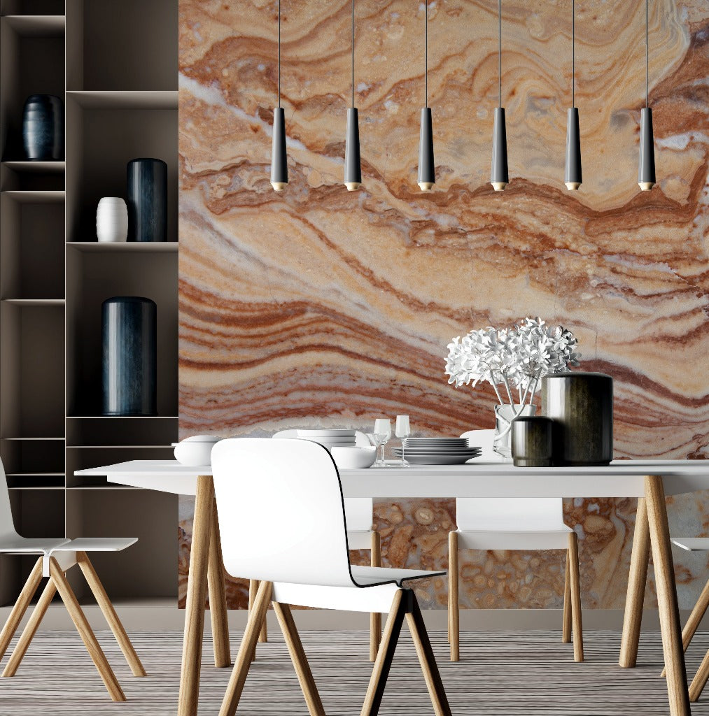 Dining Room - Modern dining room with a Gemstone Diffused Marble Wallpaper Mural from Decor2Go, white table set for two, contemporary white chair, dark shelves with vases, and hanging cylindrical lamps.