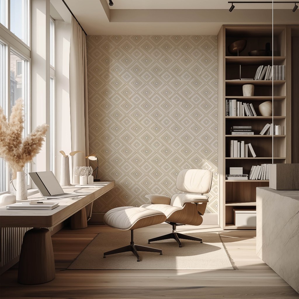 A bright, modern room with contemporary style features the Paradox Geometric Wallpaper Mural by Decor2Go Wallpaper Mural. The space is completed with a lounge chair and ottoman, a desk adorned with decor items, and shelves filled with books. Large windows allow natural light to illuminate the inviting space.