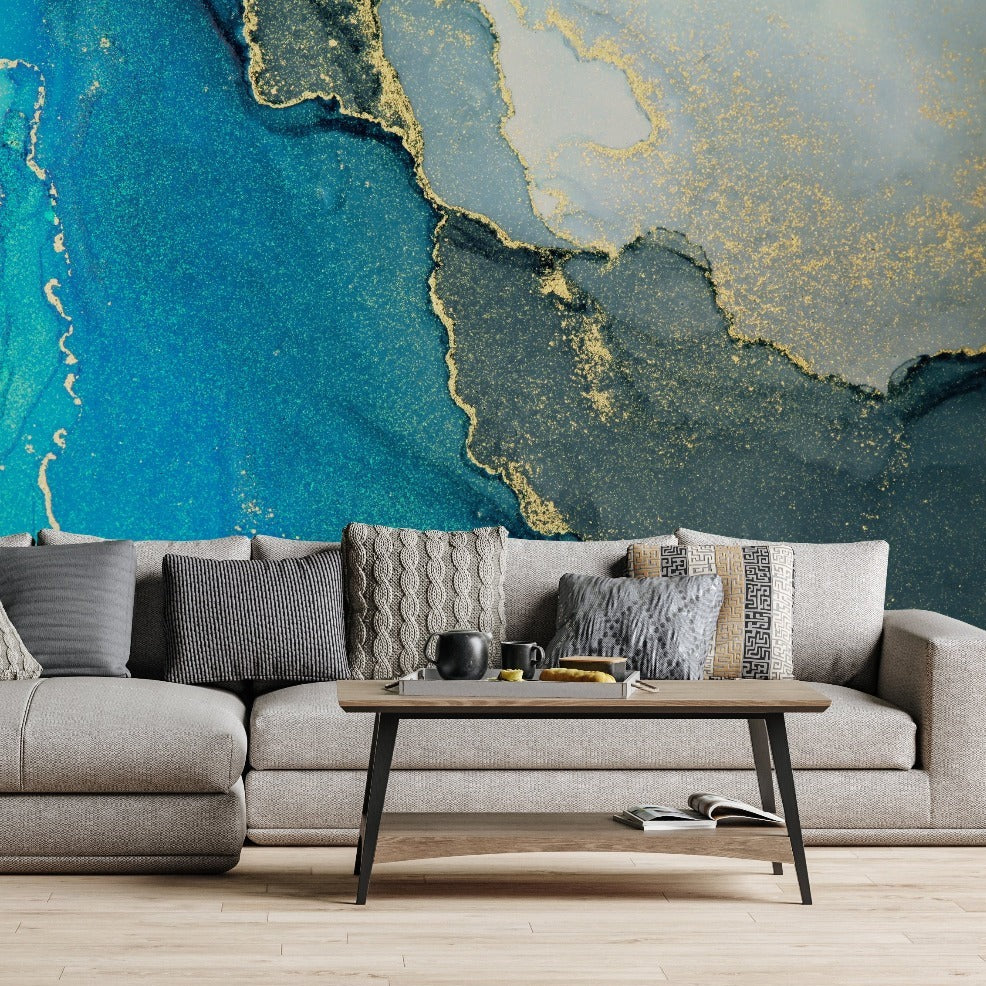 Gold Fracture Wallpaper Mural in living room marble turquoise with gliter 