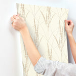 A person with rolled-up sleeves applies York Wallcoverings' Graceful Willow Cotton Wallpaper (60 SqFt) to a white wall, their hands smoothing the brown grass pattern with careful attention to detail.