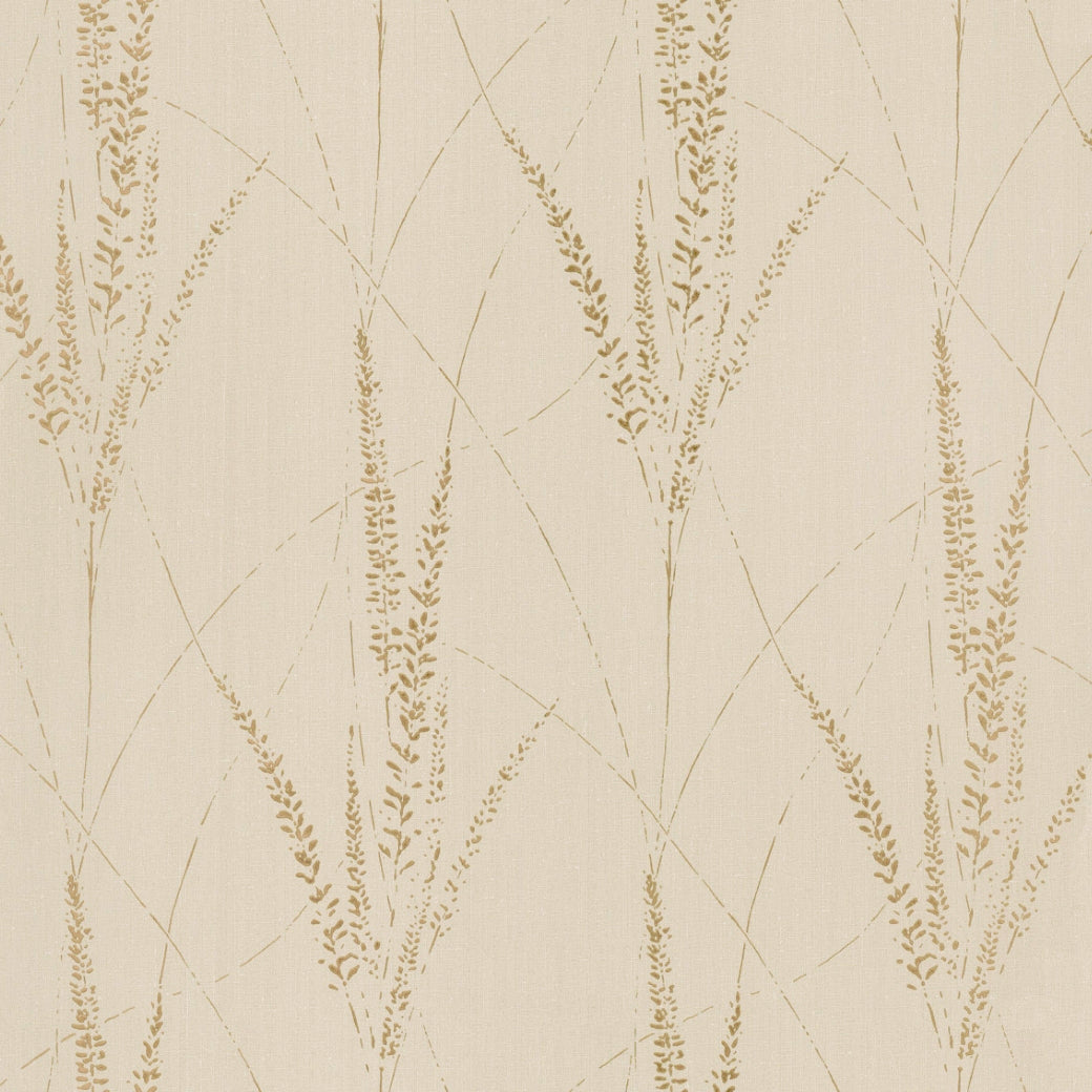 Graceful Willow Pale Straw Wallpaper by York Wallcoverings features a beige metallic bronze finish with golden-brown stylized grasses, creating a natural, elegant botanical damask look. Coverage: 60 SqFt.