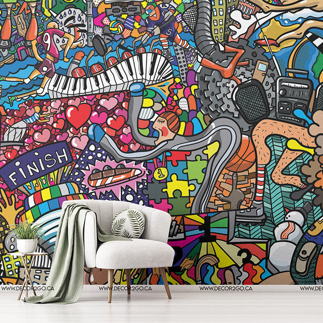 Colorful graffiti wallpaper mural, music theme minimalistic wallpaper perfect for the living room