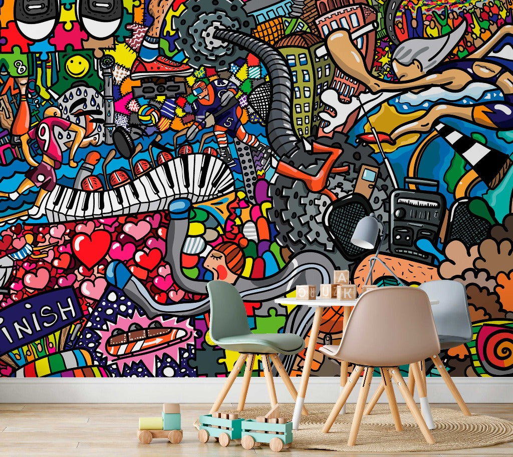 Colorful graffiti wallpaper mural, music theme minimalistic wallpaper perfect for the dining room