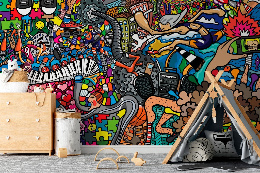 Colorful graffiti wallpaper mural, music theme minimalistic wallpaper perfect for the kids room