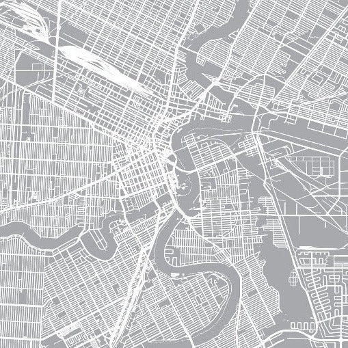 A detailed grayscale vector map showing a dense street layout of Winnipeg with a river running through the center, highlighting roads, blocks, and waterways. Ideal for Decor2Go Wallpaper Mural urban style wallpaper.
