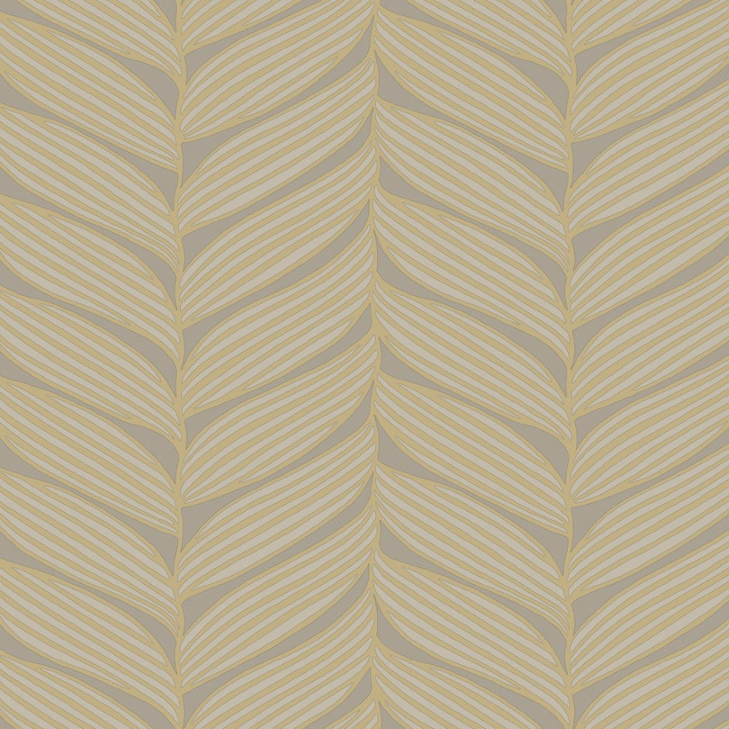 York Wallcoverings' Grey & Gold Luminous Leaves Wallpaper features stylized overlapping beige leaves with white stripes in a vertical pattern on a light gray background, part of the Modern Metals Collection.