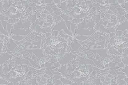 An elegant Decor2Go Wallpaper Mural featuring detailed line drawings of Grey Peonies on a soft gray background.