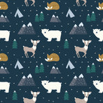 Patterned design featuring hand-drawn polar bears, foxes, deer, mountains, tents, and pine trees in a winter theme on a dark blue background can be found in the Hand Drawn Animal Forest Wallpaper Mural by Decor2Go Wallpaper Mural.
