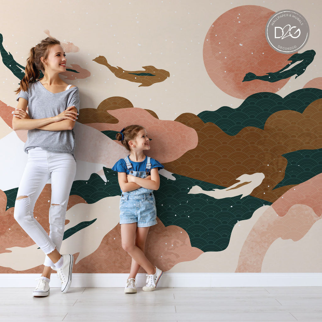 Mom and son are looking at Hanging Koi Gardens Wallpaper Mural