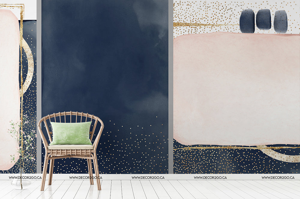 A modern room featuring artistic Decor2Go Wallpaper Mural with abstract shapes and navy designs. A wooden chair with a green cushion is placed against the navy section. Two dark vases sit atop the