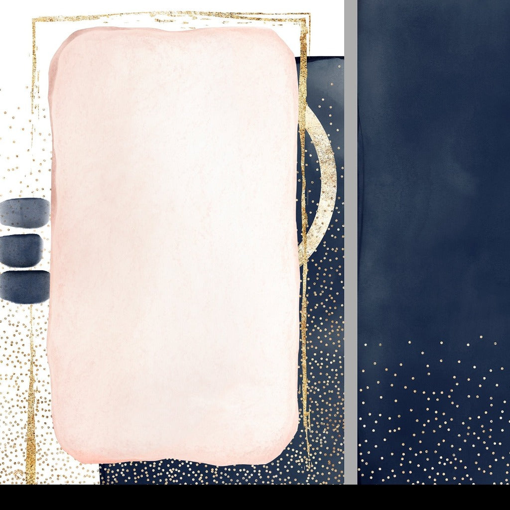 Three-panel abstract artwork featuring pink and navy panels with golden accents and dot patterns, interspersed with tactile textures suggestive of brush strokes or Decor2Go Wallpaper Mural.