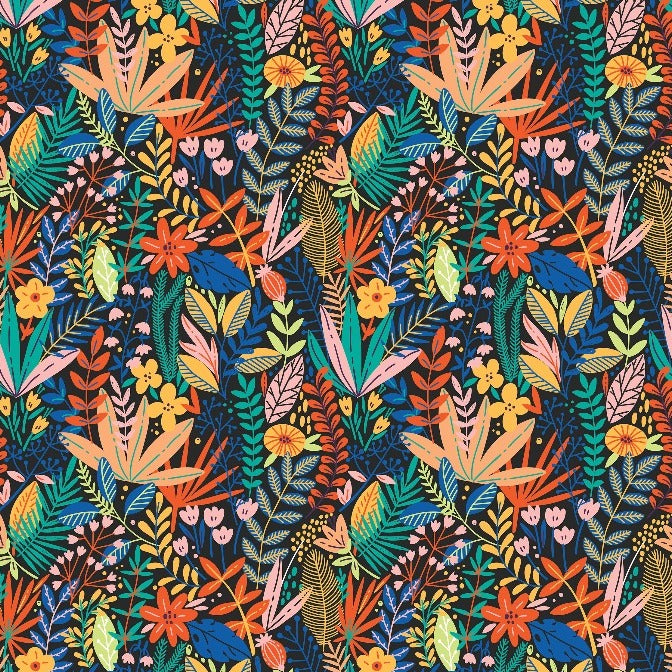 A colorful and detailed Heart of the Jungle wallpaper mural by Decor2Go Wallpaper Mural featuring a dense array of tropical leaves, exotic flowers, and hidden abstract faces in a vibrant palette of blues, oranges, yellows, and greens.