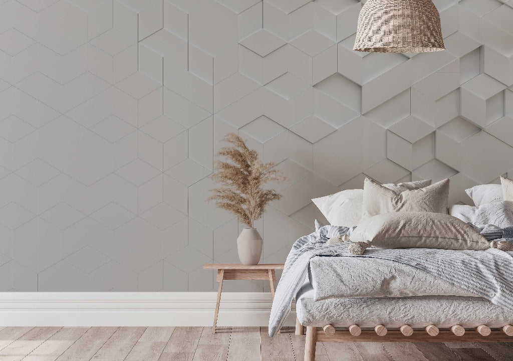 Hexagon Equation Wallpaper Mural in the cozy white bedroom