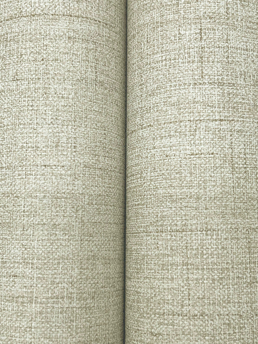 Close-up of two rolls of York Wallcoverings Hillswick Tweed Fog Wallpaper (60 SqFt) in light beige, featuring a subtle woven pattern, displayed vertically side by side.