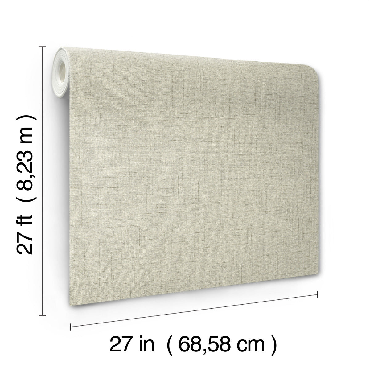 The image shows a roll of York Wallcoverings' Hillswick Tweed Fog Wallpaper (60 SqFt), unrolled vertically on a white background. Dimensions are labeled: 27 feet (8.23 m) tall by 27 inches (68.58 cm) wide. The wallpaper is beige with a textured pattern.