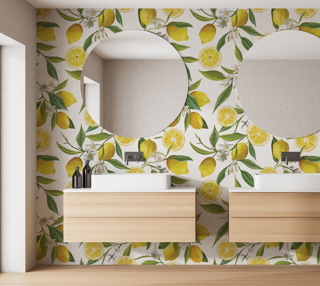 Beautiful refreshing green and yellow lemons wallpaper mural for modern bathroom