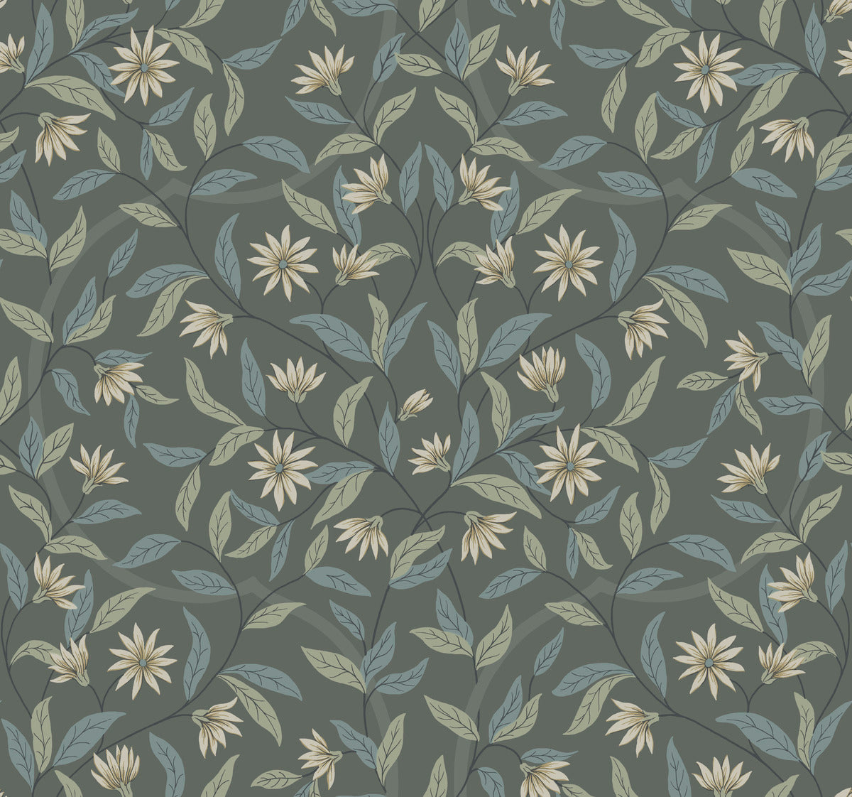 A seamless floral pattern featuring white daisy-like flowers with yellow centers and light blue and green leaves on dark, muted green branches. The elegant, repeating design of this **Jasmine Charcoal Wallpaper Grey, Beige (60 Sq.Ft.)** gives the image a vintage, botanical feel on SureStrip Substrate from **York Wallcoverings**.