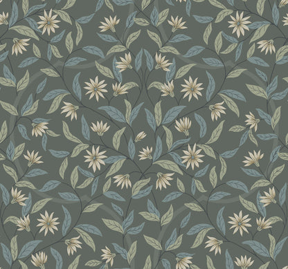 A seamless floral pattern featuring white daisy-like flowers with yellow centers and light blue and green leaves on dark, muted green branches. The elegant, repeating design of this **Jasmine Charcoal Wallpaper Grey, Beige (60 Sq.Ft.)** gives the image a vintage, botanical feel on SureStrip Substrate from **York Wallcoverings**.