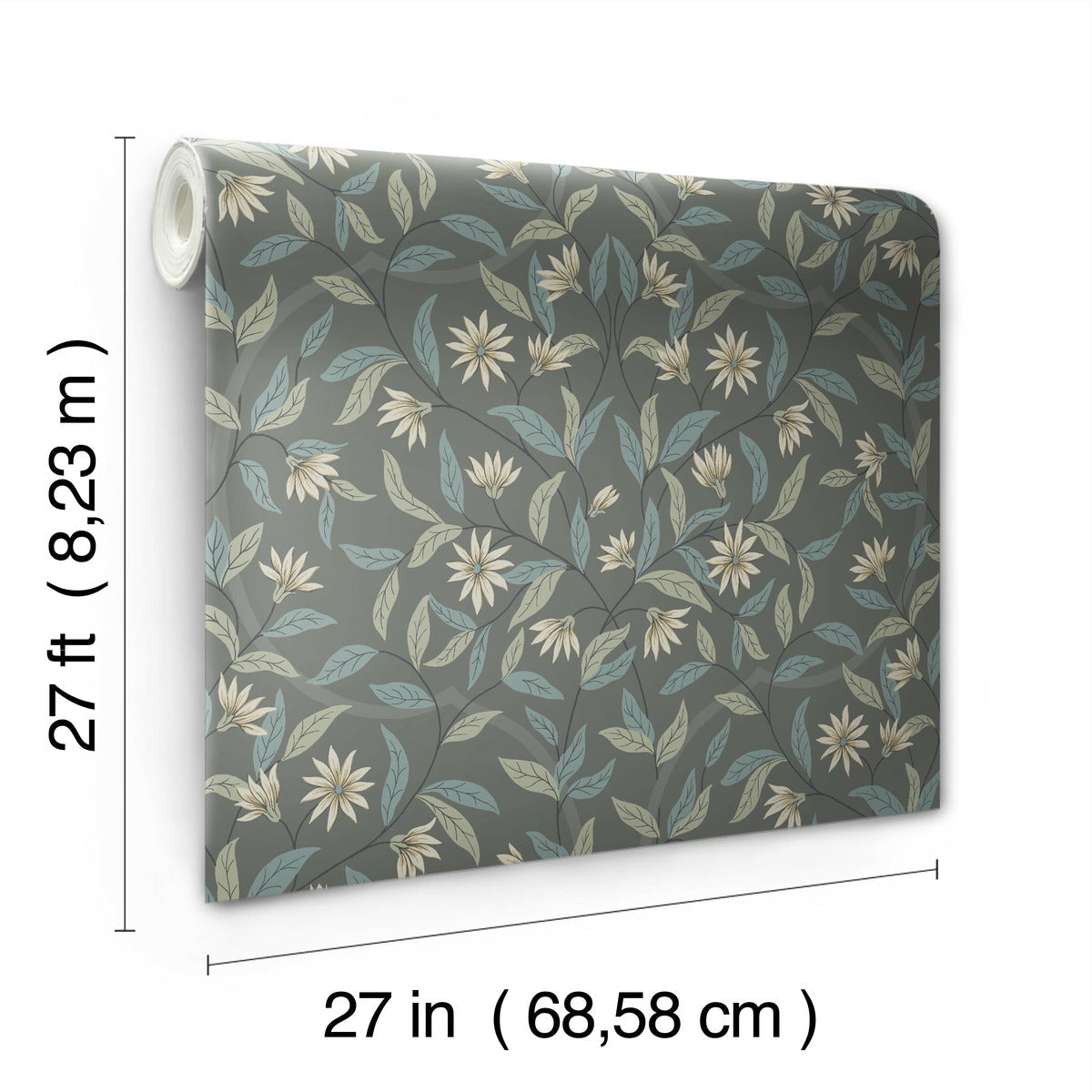 This image shows a rolled Jasmine Charcoal Wallpaper Grey, Beige (60 Sq.Ft.) with a floral pattern, featuring white flowers and green leaves on a dark background. Dimensions are indicated beside the wallpaper: 27 feet (8.23 meters) in height and 27 inches (68.58 centimeters) in width, crafted with SureStrip Substrate for easy application by York Wallcoverings.