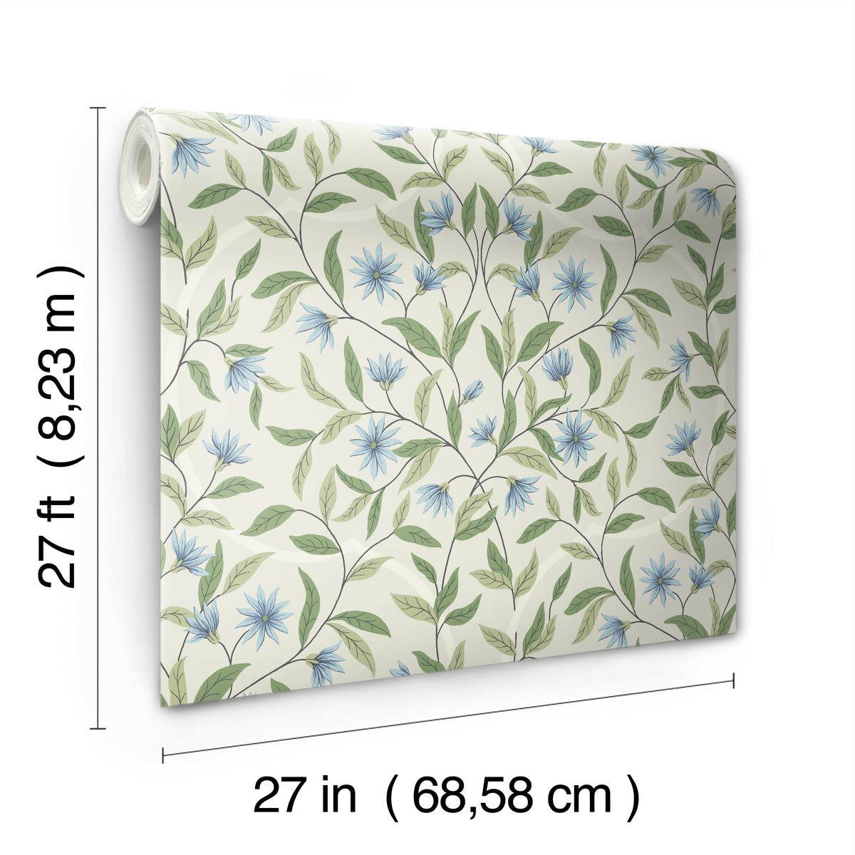 A roll of Jasmine Cornflower Wallpaper Beige, Blue (60 Sq.Ft.) by York Wallcoverings with dimensions marked as 27 ft (8.23 m) in length and 27 in (68.58 cm) in width. The wallpaper showcases a floral pattern with light green leaves and blue flowers on a light background, embodying Botanical Elegance while ensuring easy installation and removal.
