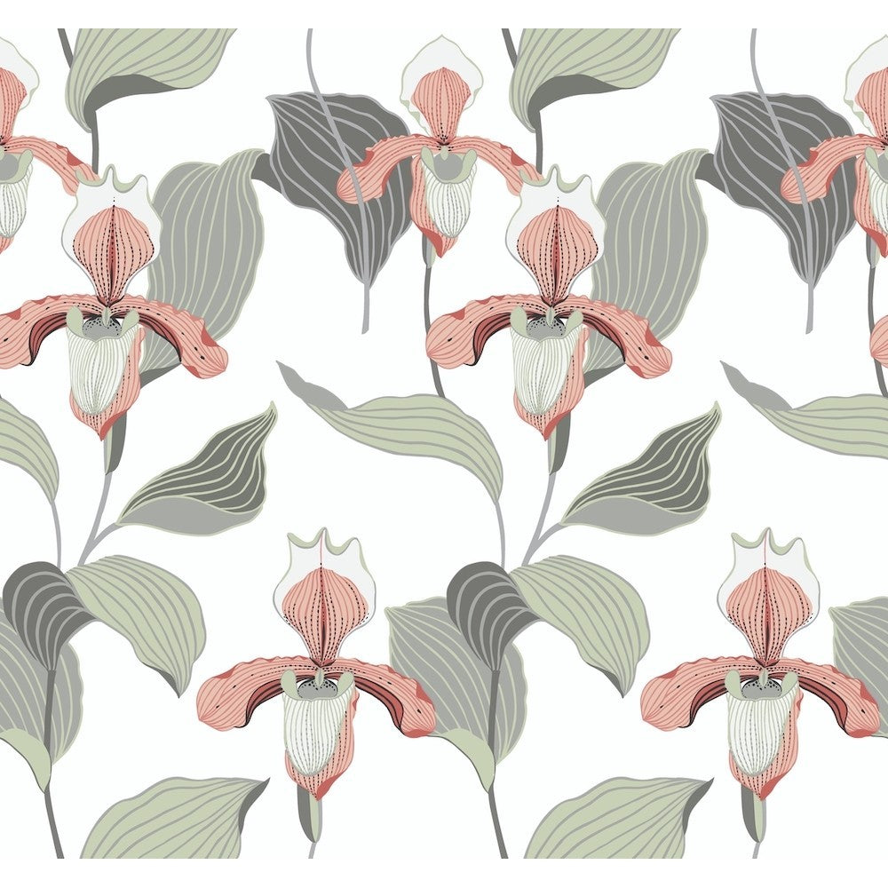 Seamless floral pattern featuring stylized illustrations of Lady Slipper orchids in shades of pink and gray with green leaves on a light background, from York Wallcoverings' Lady Slipper (60 SqFt) wallpaper.