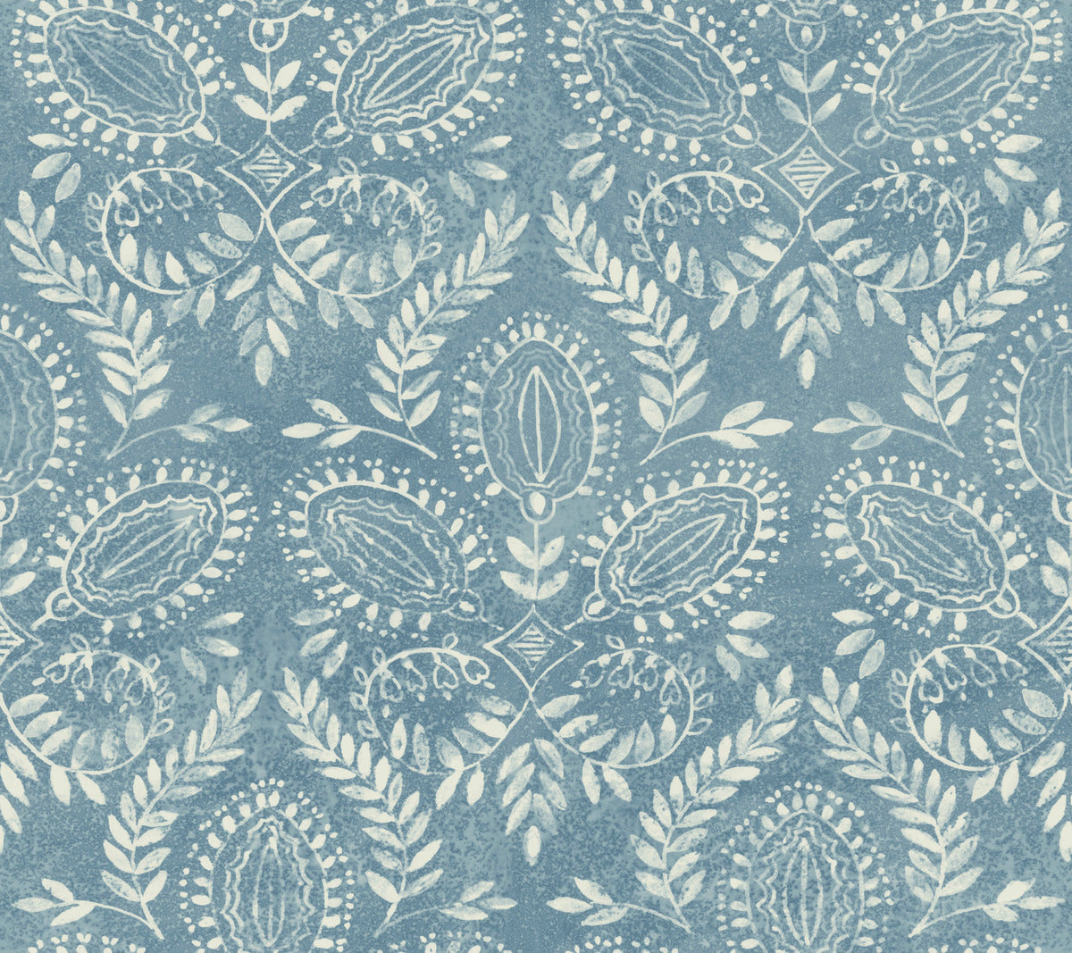 Introducing the Laurel Damask Wallpaper Blue by York Wallcoverings: This exquisite wallpaper features a blue and white floral pattern with symmetrical, ornate designs, showcasing leaves and oval shapes. The nature-inspired motif creates an intricate, repeating pattern, crafted from durable materials to ensure lasting elegance in any space. Covering 60 square feet, it adds timeless beauty to your environment.