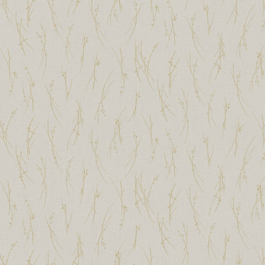 The Light Grey & Gold Sprigs Wallpaper by York Wallcoverings features a light beige background adorned with a graceful pattern of curved golden branches and leaves, adding a metallic touch for an elegant design.