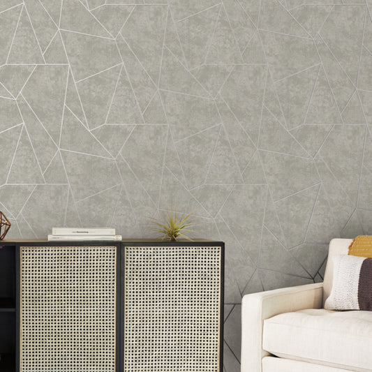 A modern living room showcases York Wallcoverings' Light Grey & Silver Nazca Wallpaper with a metallic touch, a white sofa with brown and beige cushions, and a black cabinet featuring a wicker front. Two books and a plant on the cabinet add the perfect chic finish.