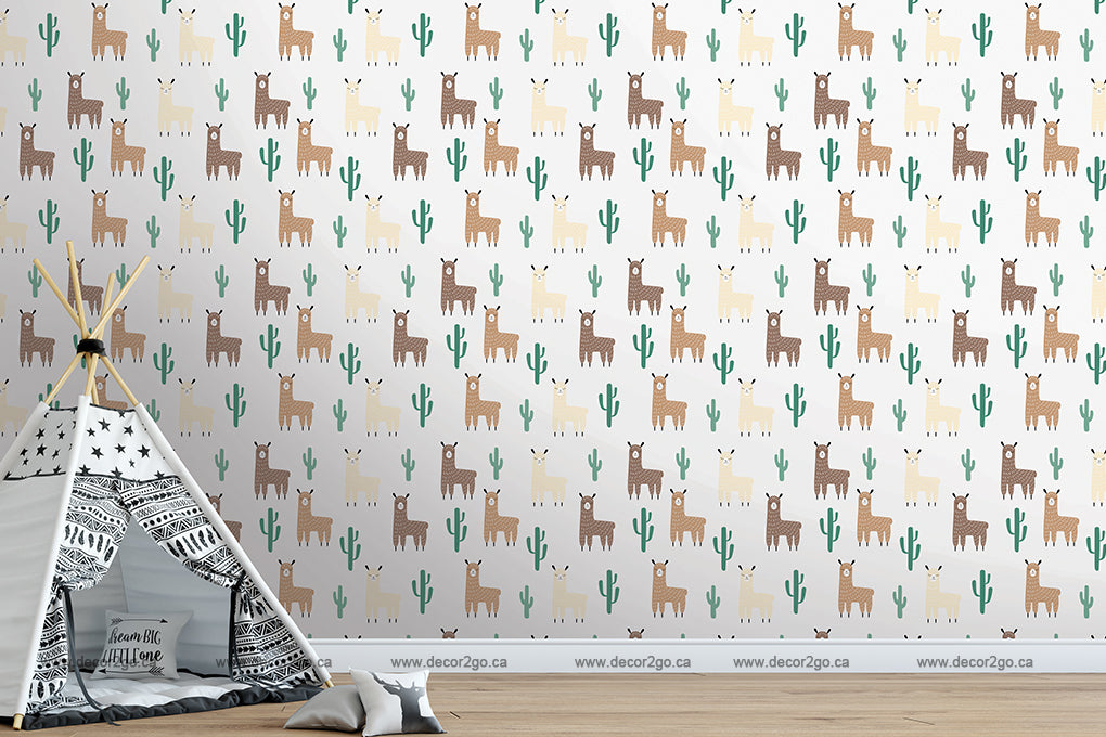 Nursery - A nursery room's wall covered in Decor2Go Wallpaper Mural Llama and Cactus Pattern Wallpaper Mural, complemented by a children's teepee with black patterns in the foreground.