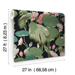 Introducing the Lotus Pond Sky/ Multi Wallpaper Purple, Pink (60 Sq.Ft.) by York Wallcoverings, boasting a botanical pattern with large green leaves and pink flowers on a dark background. Easy installation is guaranteed, and the high-performance substrate ensures durability. Dimensions are 27 feet (8.23 meters) in length and 27 inches (68.58 cm) in width.