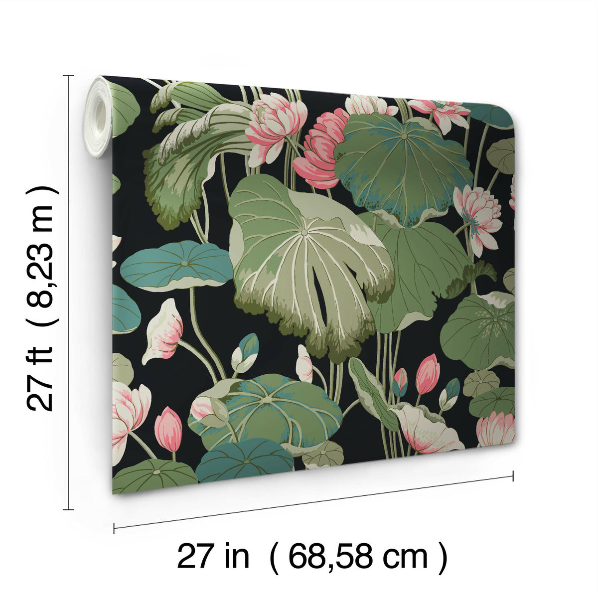 Introducing the Lotus Pond Sky/ Multi Wallpaper Purple, Pink (60 Sq.Ft.) by York Wallcoverings, boasting a botanical pattern with large green leaves and pink flowers on a dark background. Easy installation is guaranteed, and the high-performance substrate ensures durability. Dimensions are 27 feet (8.23 meters) in length and 27 inches (68.58 cm) in width.