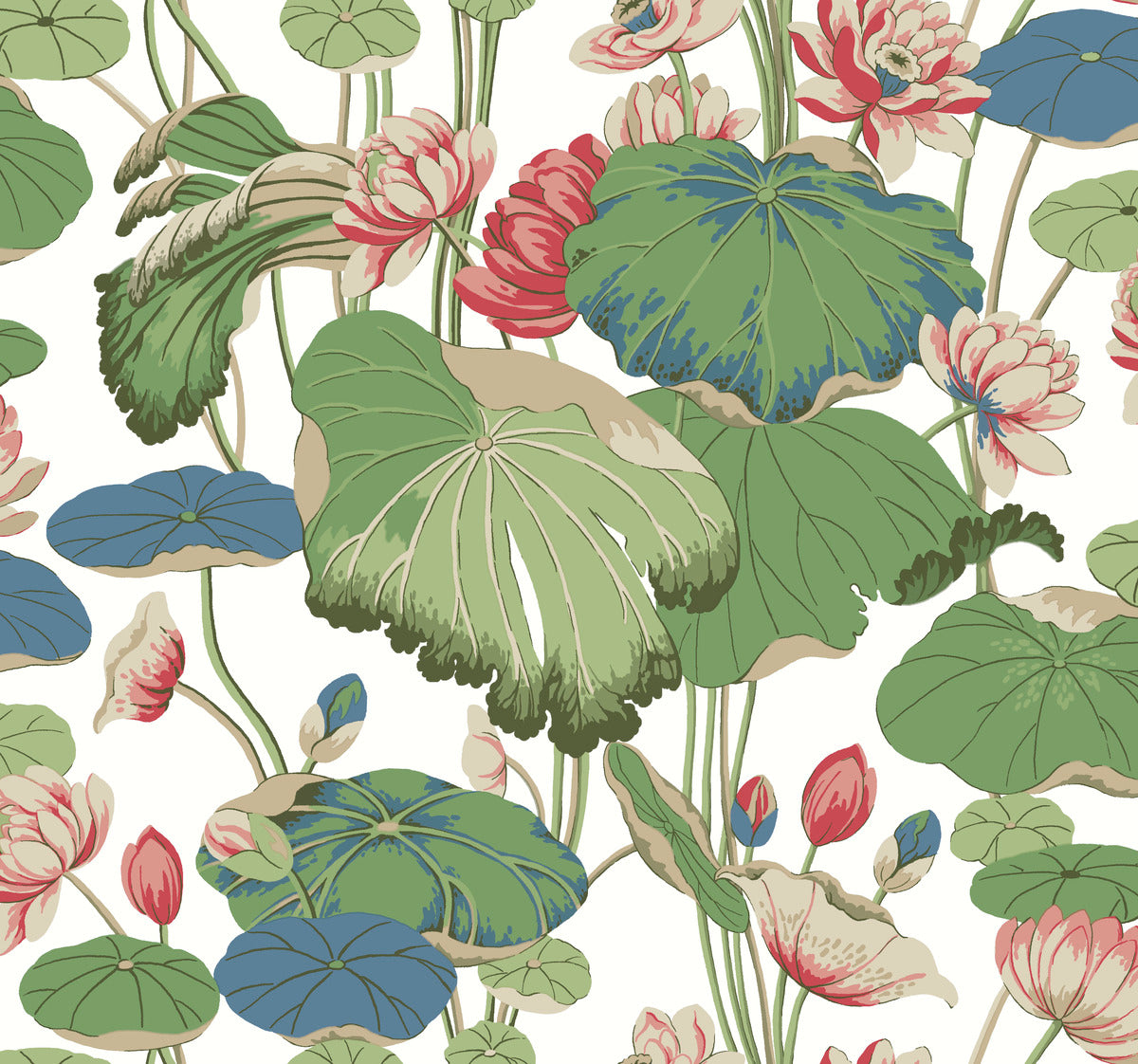 A vibrant botanical pattern featuring large green lotus leaves and blossoming water lilies in shades of red, pink, and blue, set against a white background. This Lotus Pond Sky/Multi Wallpaper Purple, Pink (60 Sq.Ft.) by York Wallcoverings showcases the natural beauty of the plants with delicate details and flowing lines on a high-performance substrate for easy installation.