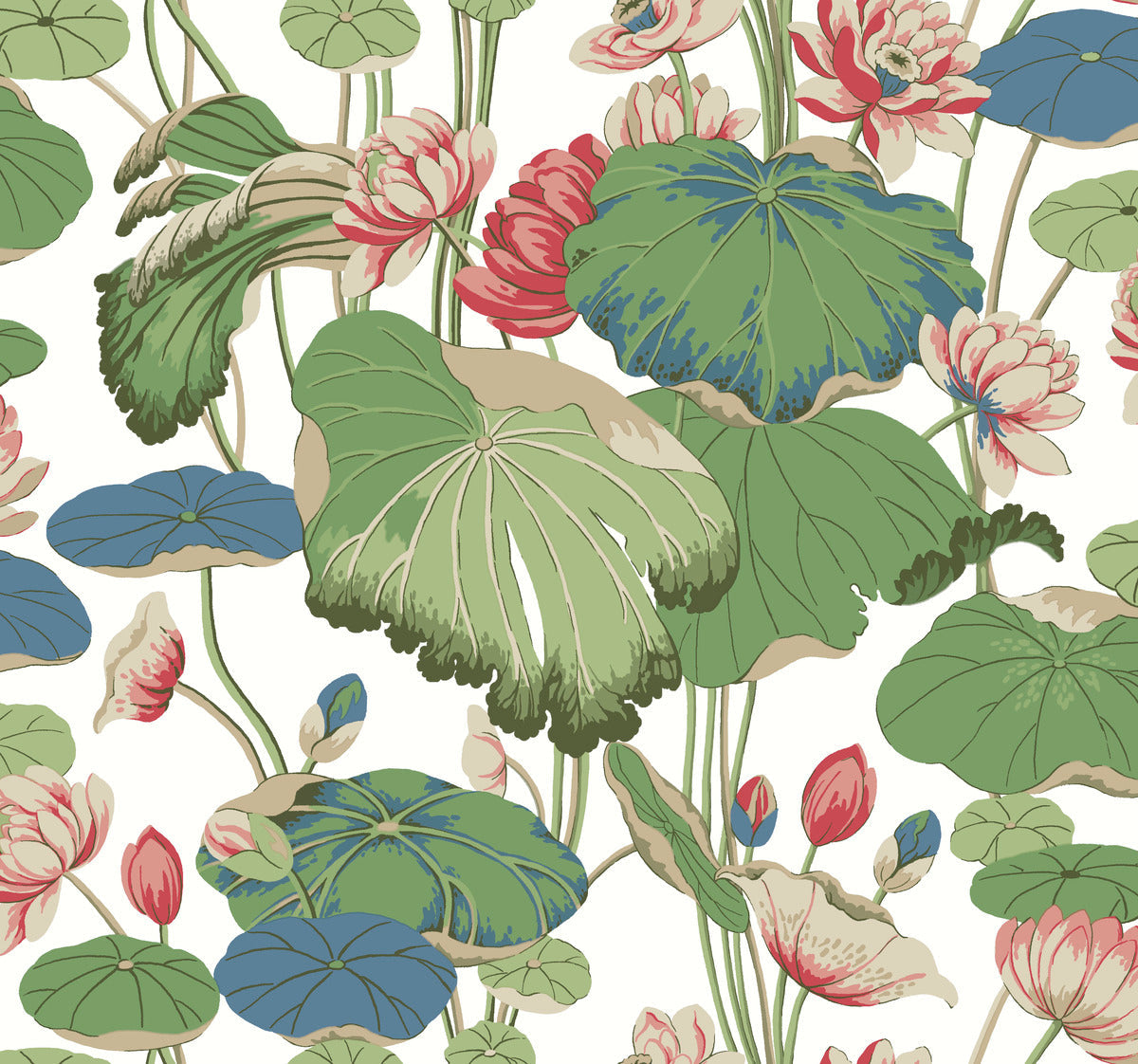 A detailed pattern of lotus flowers and large leaves in shades of green, blue, red, and beige on a white background. The Lotus Pond Cotton/Peacock Wallpaper Green, Pink (60 Sq.Ft.) by York Wallcoverings design features various stages of blooming lotus flowers and intricate foliage, creating a lush botanical scene with easy installation and removal.