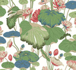 A seamless pattern featuring vibrant lotus flowers and large lily pads in shades of green, blue, red, and cream. The intricate design of this Lotus Pond Heather/Cotton Wallpaper Grey, Blue (60 Sq.Ft.) by York Wallcoverings is set against a white background, creating a bold, colorful contrast that highlights the natural beauty of the lotus plants and leaves.