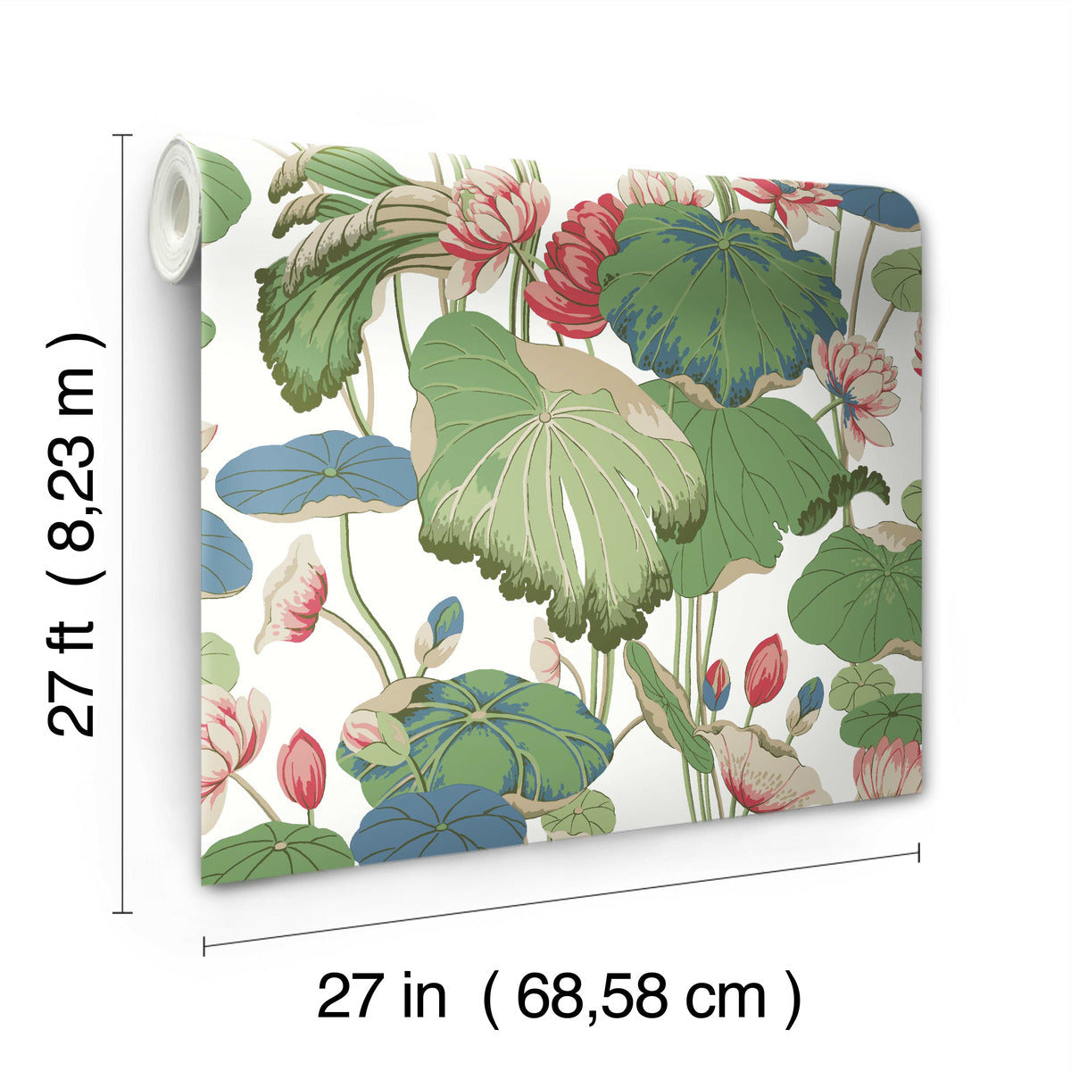 A roll of **York Wallcoverings Lotus Pond Heather/Cotton Wallpaper Grey, Blue (60 Sq.Ft.)** featuring a vibrant pattern of large green and blue leaves and pink flowers. The dimensions are displayed alongside the wallpaper: 27 feet (8.23 meters) in length and 27 inches (68.58 centimeters) in width, promising easy installation with its tranquil design.