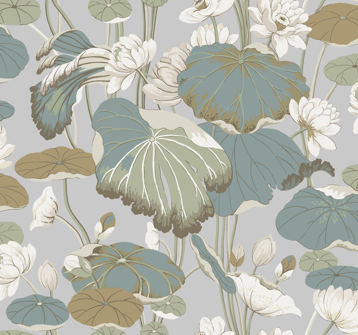 Illustration of a botanical pattern featuring large green, blue, and beige lotus leaves and white lotus flowers with grayish background. This Lotus Pond Sky/ Multi Wallpaper Purple, Pink (60 Sq.Ft.) by York Wallcoverings design has a vintage-inspired style with detailed and overlapping foliage and blooms, creating a rich, textured look.