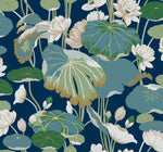 A detailed illustration featuring large lotus leaves and blooming lotus flowers in various stages of bloom against a dark blue background, this Lotus Pond Sky/ Multi Wallpaper Purple, Pink (60 Sq.Ft.) by York Wallcoverings offers varied shades of green leaves and primarily white flowers with hints of beige. It boasts easy installation on a high performance substrate.