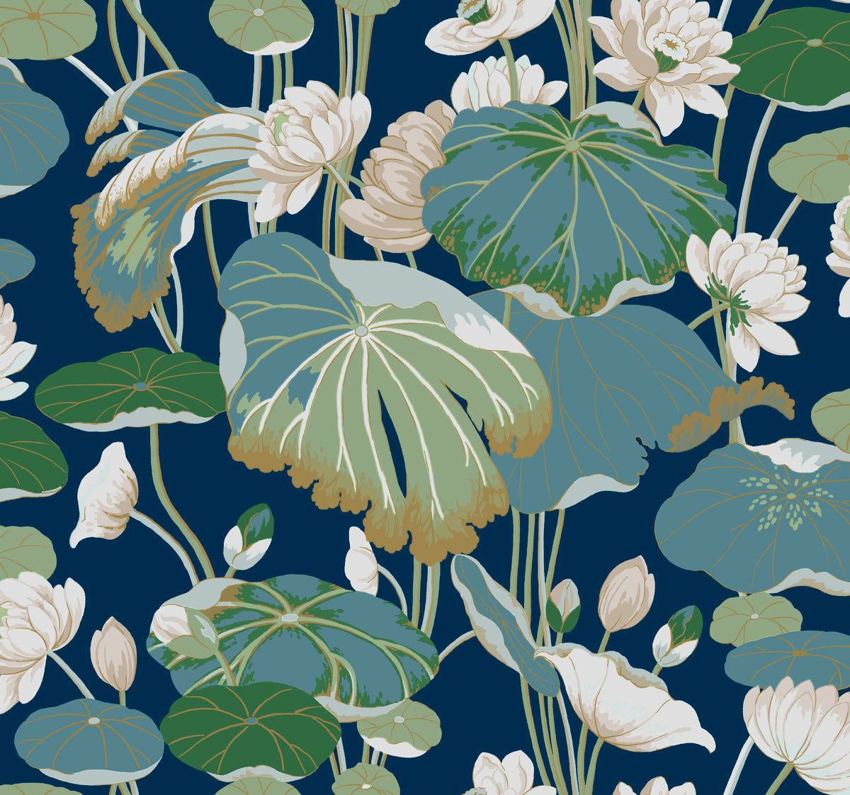 A detailed illustration featuring large lotus leaves and blooming lotus flowers in various stages of bloom against a dark blue background, this Lotus Pond Sky/ Multi Wallpaper Purple, Pink (60 Sq.Ft.) by York Wallcoverings offers varied shades of green leaves and primarily white flowers with hints of beige. It boasts easy installation on a high performance substrate.