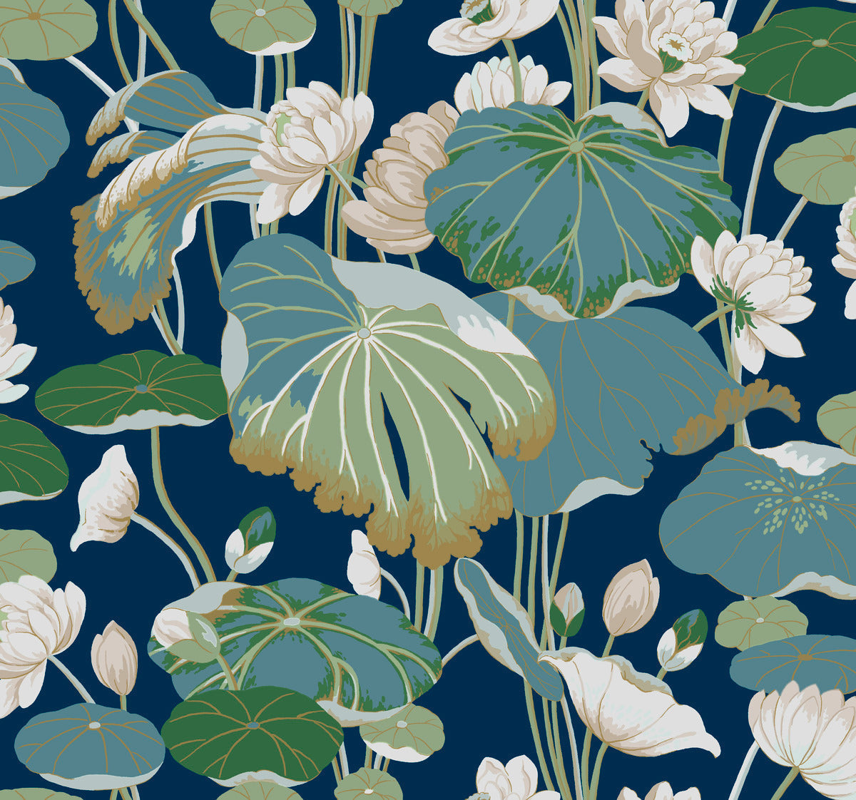 An intricate botanical illustration featuring large green and blue lotus leaves, white lotus flowers, and buds set against a dark blue background. The detailed arrangement showcases various stages of blooming, with a focus on the natural beauty of lotus plants. This Lotus Pond Heather/Cotton Wallpaper Grey, Blue (60 Sq.Ft.) from York Wallcoverings offers a tranquil design for easy installation in any space.