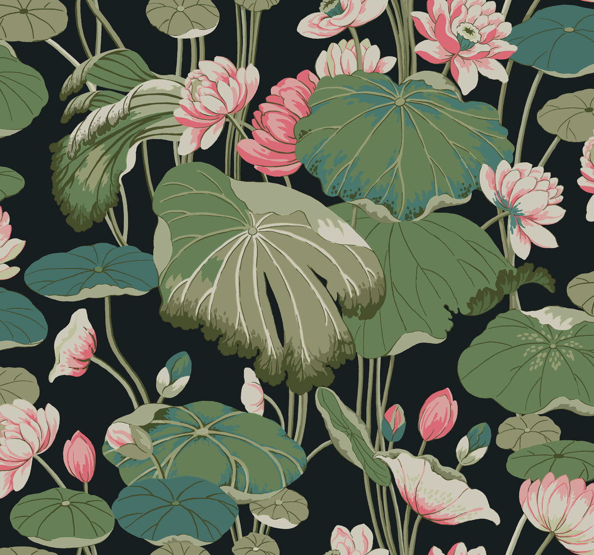 An intricate botanical illustration of large green lotus leaves and delicate pink lotus flowers on tall stems, set against a dark background. The lush foliage and blossoms create a dense, vibrant pattern in this Lotus Pond Sky/ Multi Wallpaper Purple, Pink (60 Sq.Ft.) by York Wallcoverings, designed for easy installation on high performance substrate.