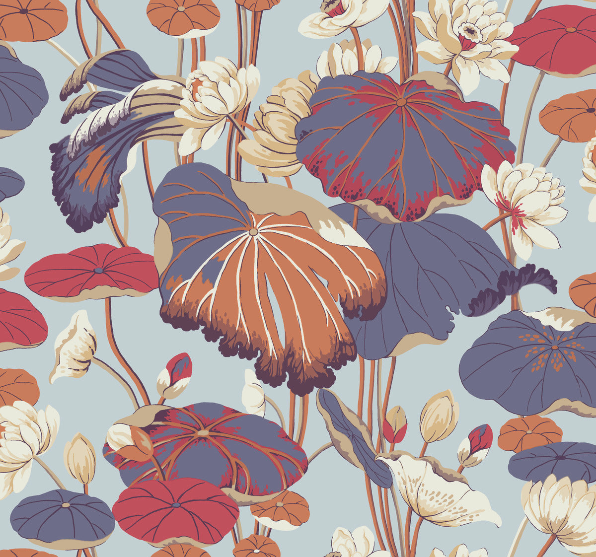 This Lotus Pond Sky/ Multi Wallpaper Purple, Pink (60 Sq.Ft.) by York Wallcoverings showcases a seamless pattern of stylized aquatic plants and flowers, with large leaves in shades of purple, red, beige, and white against a light blue background. The design is intricate, featuring delicate lines that highlight leaf veins and flower petals for a high-performance substrate and easy installation.