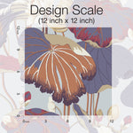 Illustration showing a tranquil design with stylized leaves and flowers in shades of brown, purple, and red. The pattern is enclosed within a square scale labeled "Design Scale (12 inch x 12 inch)" with a ruler on the left and bottom edges indicating inches, perfect for York Wallcoverings Lotus Pond Heather/Cotton Wallpaper Grey, Blue (60 Sq.Ft.).