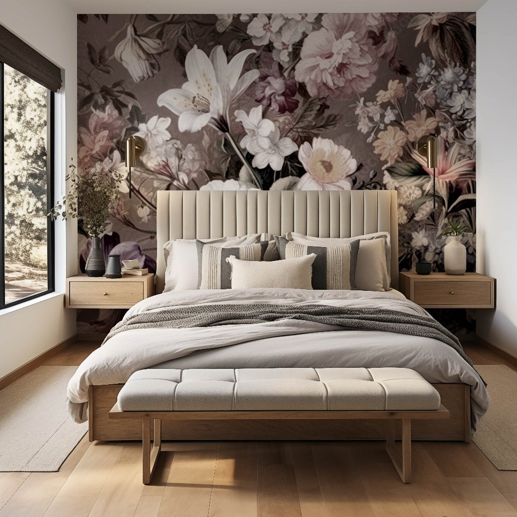 A modern bedroom features a plush bed with beige linens and a soft headboard. The accent wall showcases the Blooming Meadow Wallpaper Mural by Decor2Go, adorned with large watercolor florals in muted tones, framed by elegant gold wall sconces. Wooden nightstands and a bench complete the cozy, sophisticated space as natural light illuminates the room.