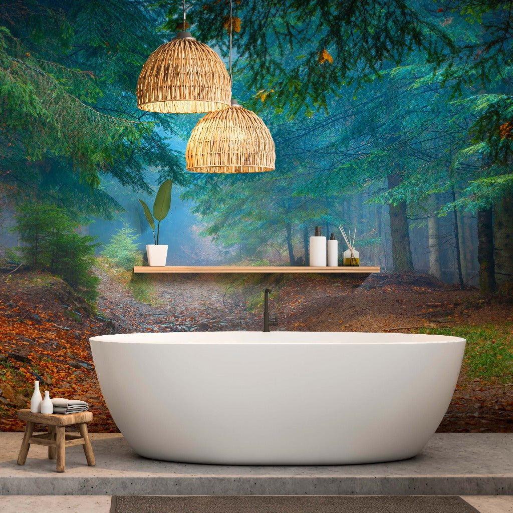 A modern white freestanding bathtub in a room with a Decor2Go Wallpaper Mural, featuring wicker lamps and a sleek shelf with minimalist decor.