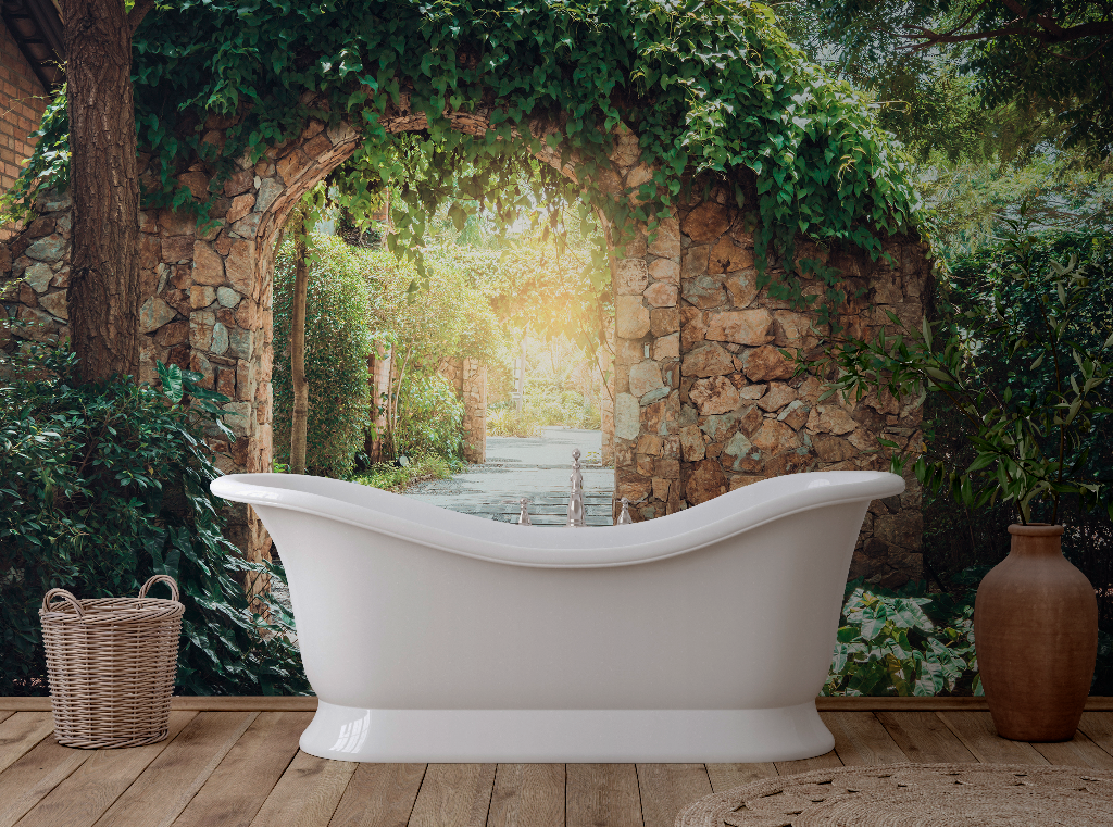 An elegant freestanding bathtub in a serene garden setting with a stone archway, lush greenery, a small pond, and sunlight filtering through. A whimsical mural design on the garden walls by Decor2Go Wallpaper Mural.
