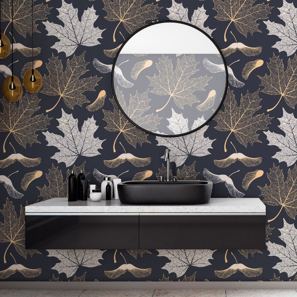 Maple Leaves Wallpaper Mural in the bathroom gold and white leaves with  gray  backround