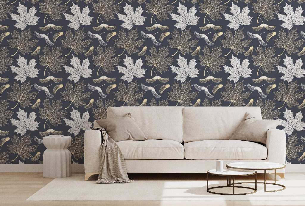 Maple Leaves Wallpaper Mural in the livingroom gold and white leaves with  gray  backround