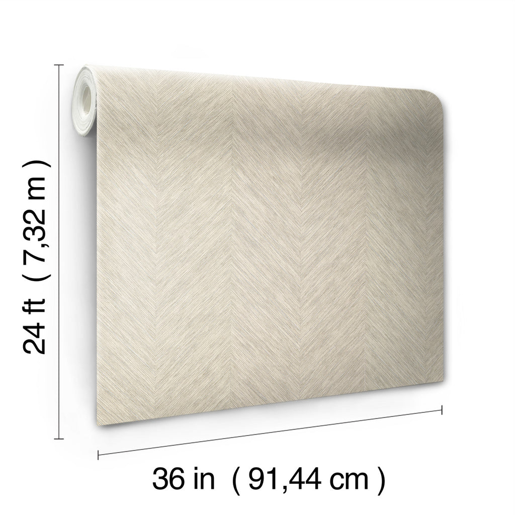 A roll of Decor2Go Winnipeg's Metallic Chevron Wallpaper Cream, featuring a subtle pattern in neutral tones, with dimensions marked as 24 ft by 36 in, displayed against a white background.