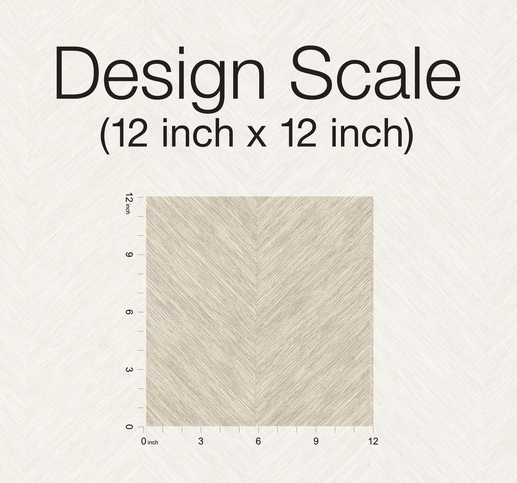 An image showing a 12 inch by 12 inch Metallic Chevron Wallpaper Cream tear-resistant design scale with a textured pattern resembling wood grain, positioned between a ruler measuring in inches. "design scale" text is at the top. Brand Name: Decor2Go Winnipeg