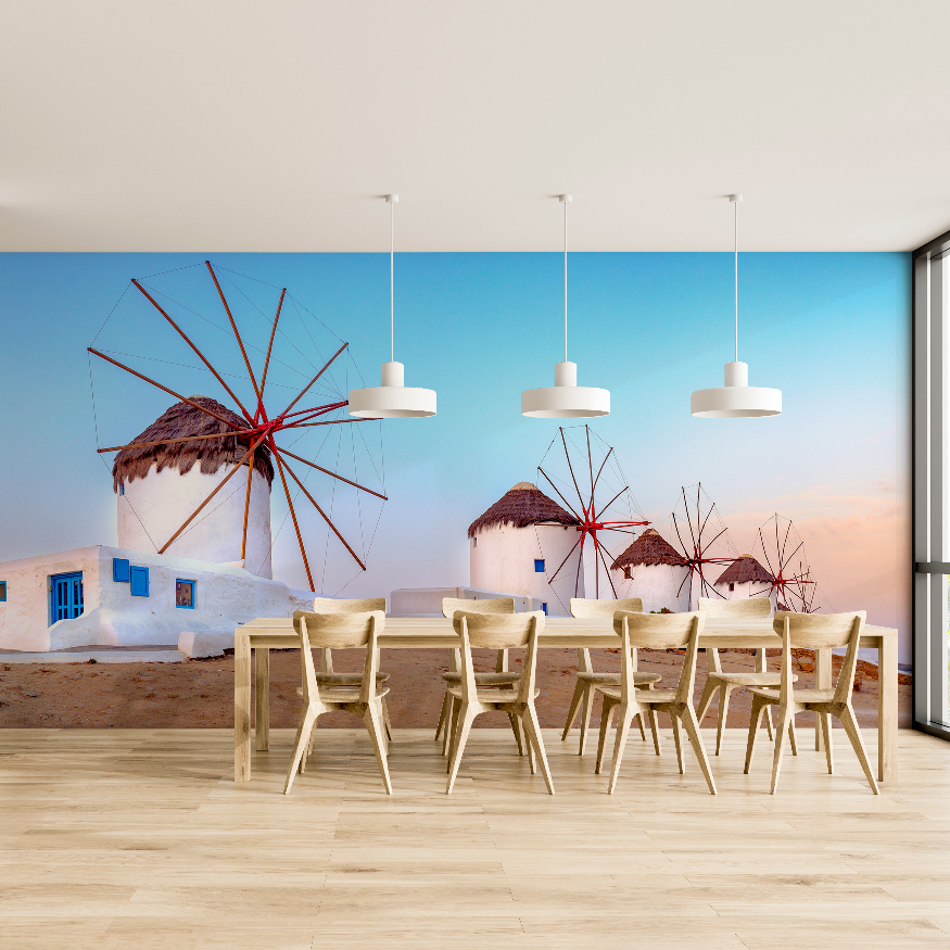 Mills in Action Wallpaper Mural in a dinning area with an outside view 